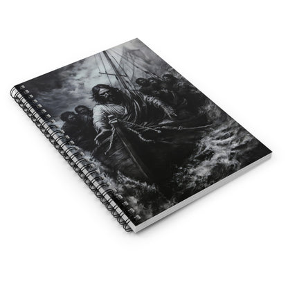 Christian spiral notebook featuring Jesus calming the storm, black and white, faith-inspired cover