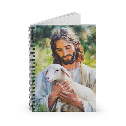 Spiral notebook featuring Jesus holding a lamb, Christian art cover, faith-inspired design