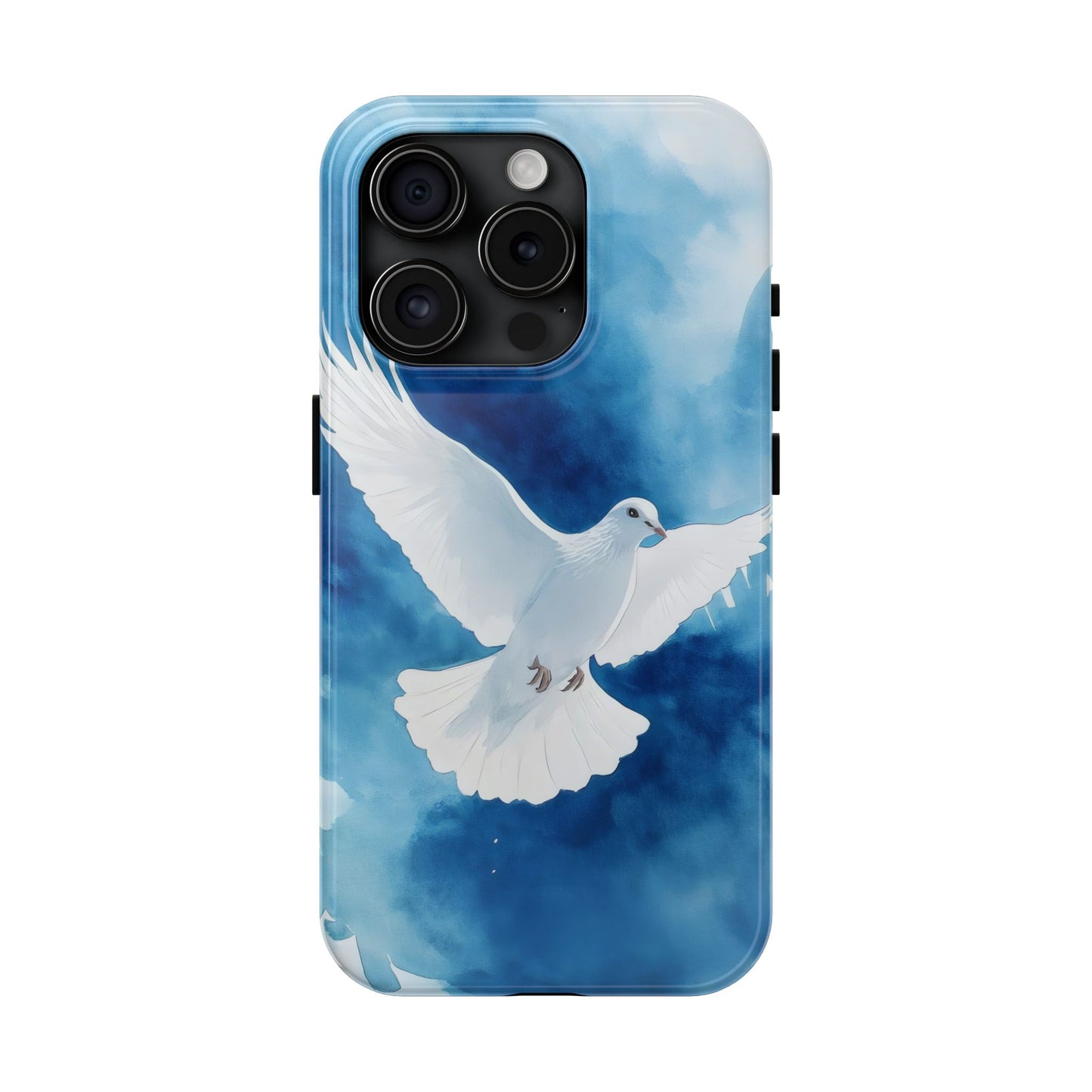 Christian phone case featuring a white dove on a blue watercolor background