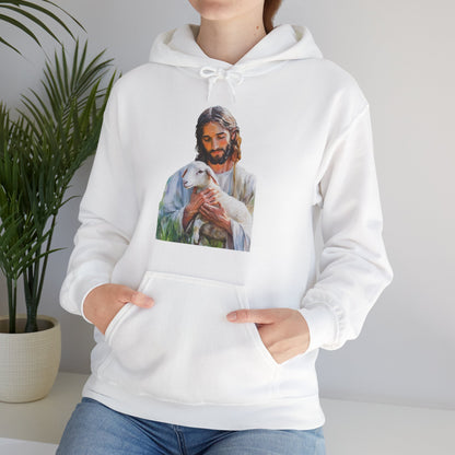 Woman wearing white Christian hoodie with Jesus and lamb graphic, casual faith-inspired apparel