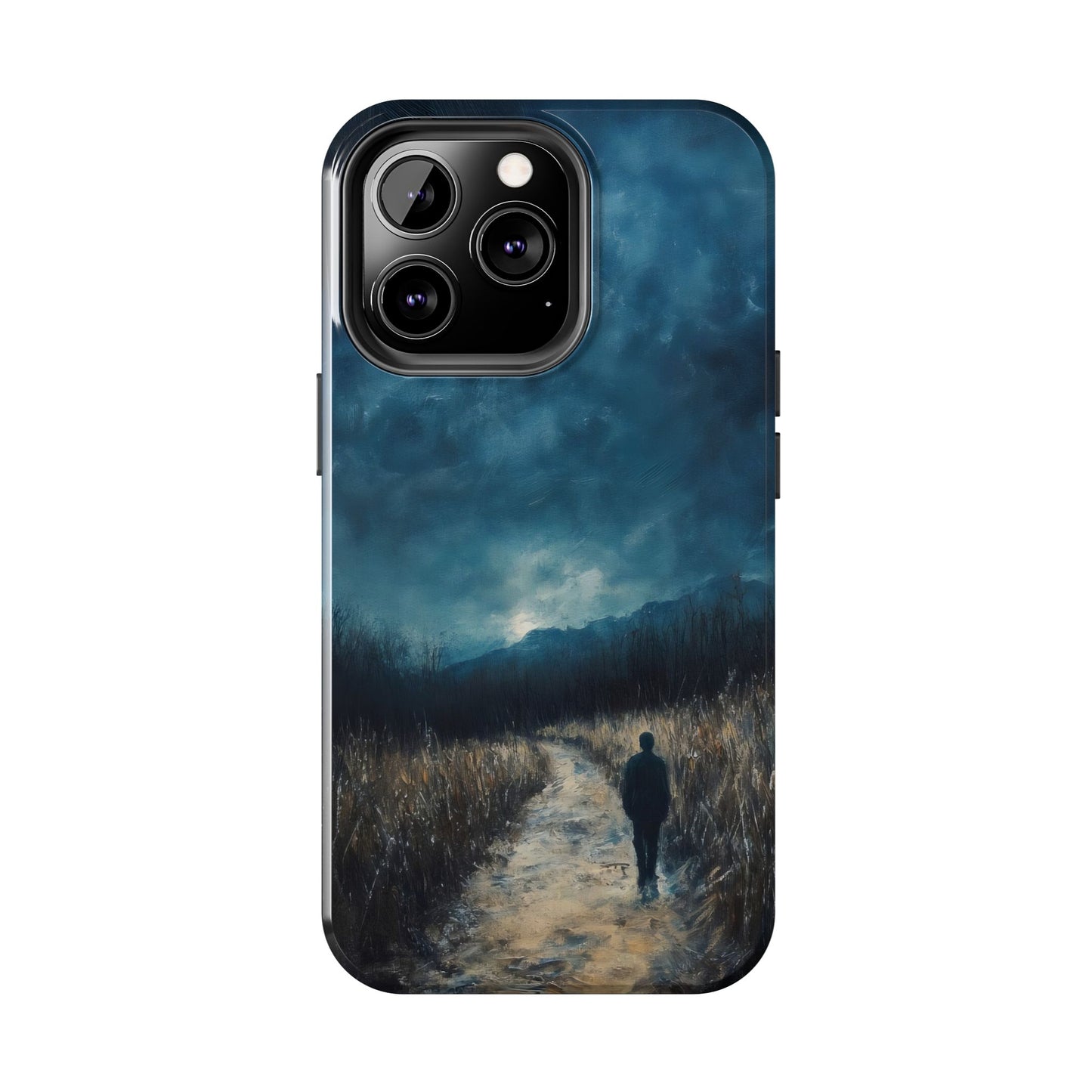 Phone case with silhouette walking on a path under a moody, nighttime sky and mountains