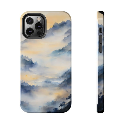 Phone case with serene mountain landscape, mist, and sunrise in watercolor art style.