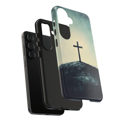 Christian phone case with cross on hill, spiritual protective cover for smartphone