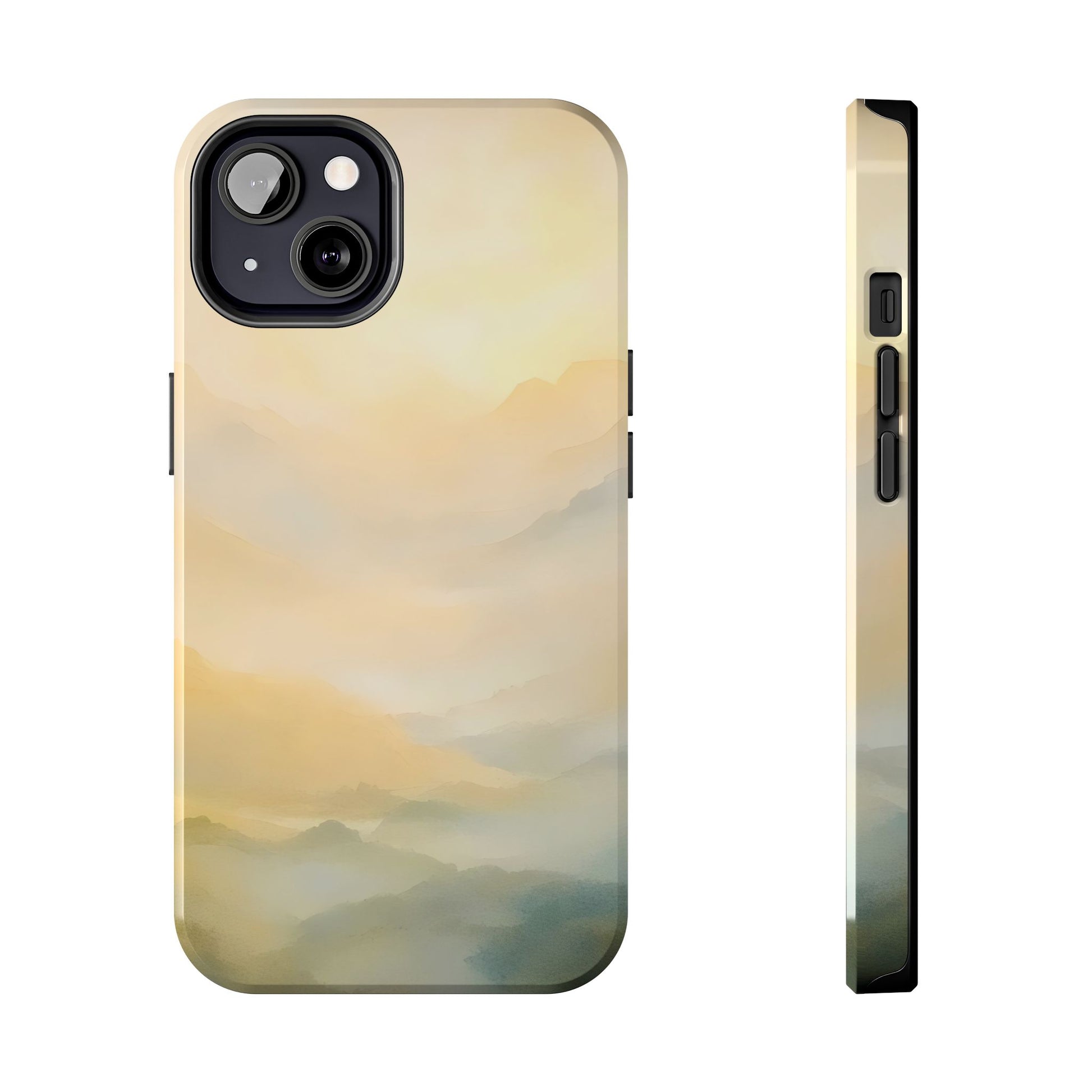 Phone case with serene pastel mountain landscape, minimalist and spiritual design