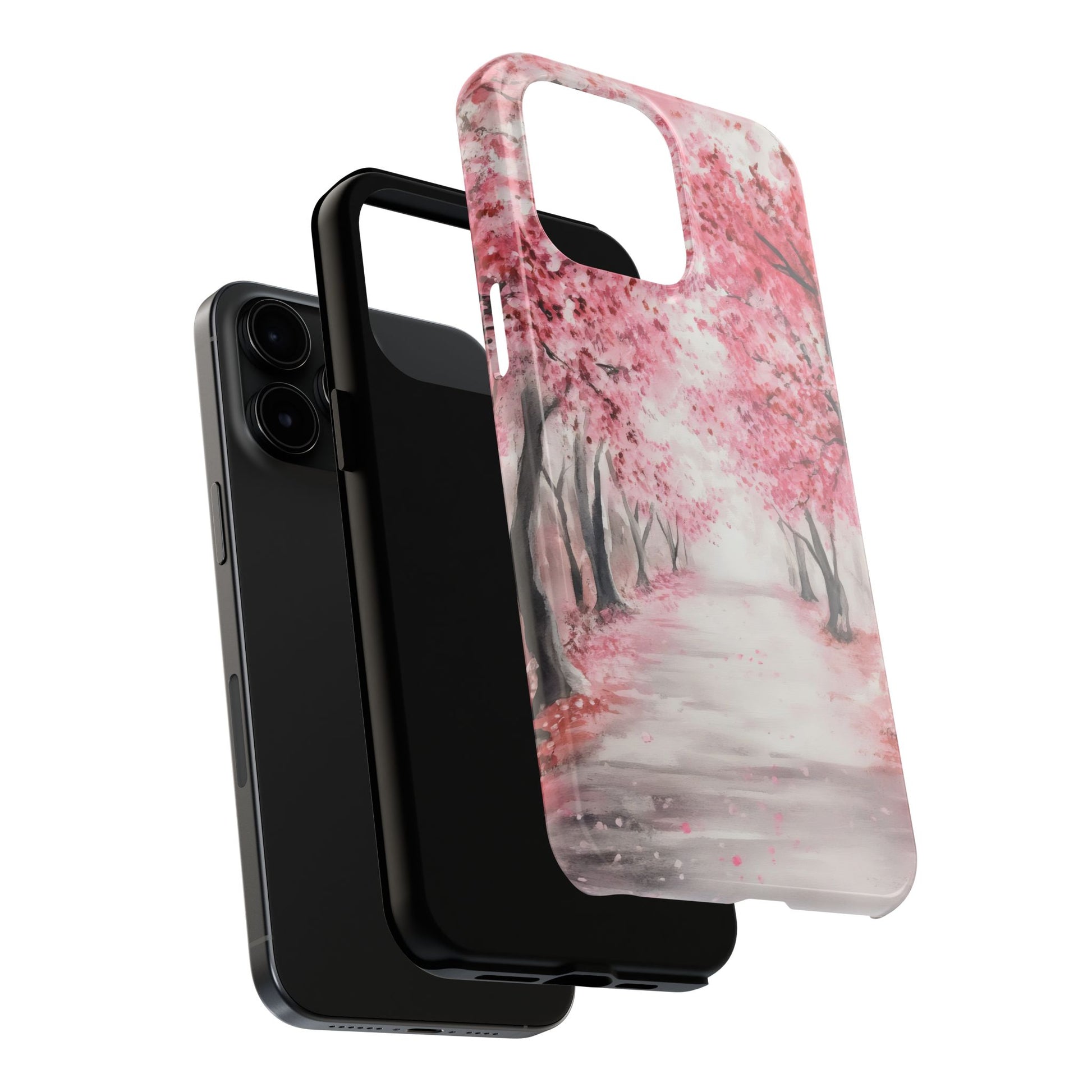 Phone case with pink cherry blossom path design, shown on a modern smartphone