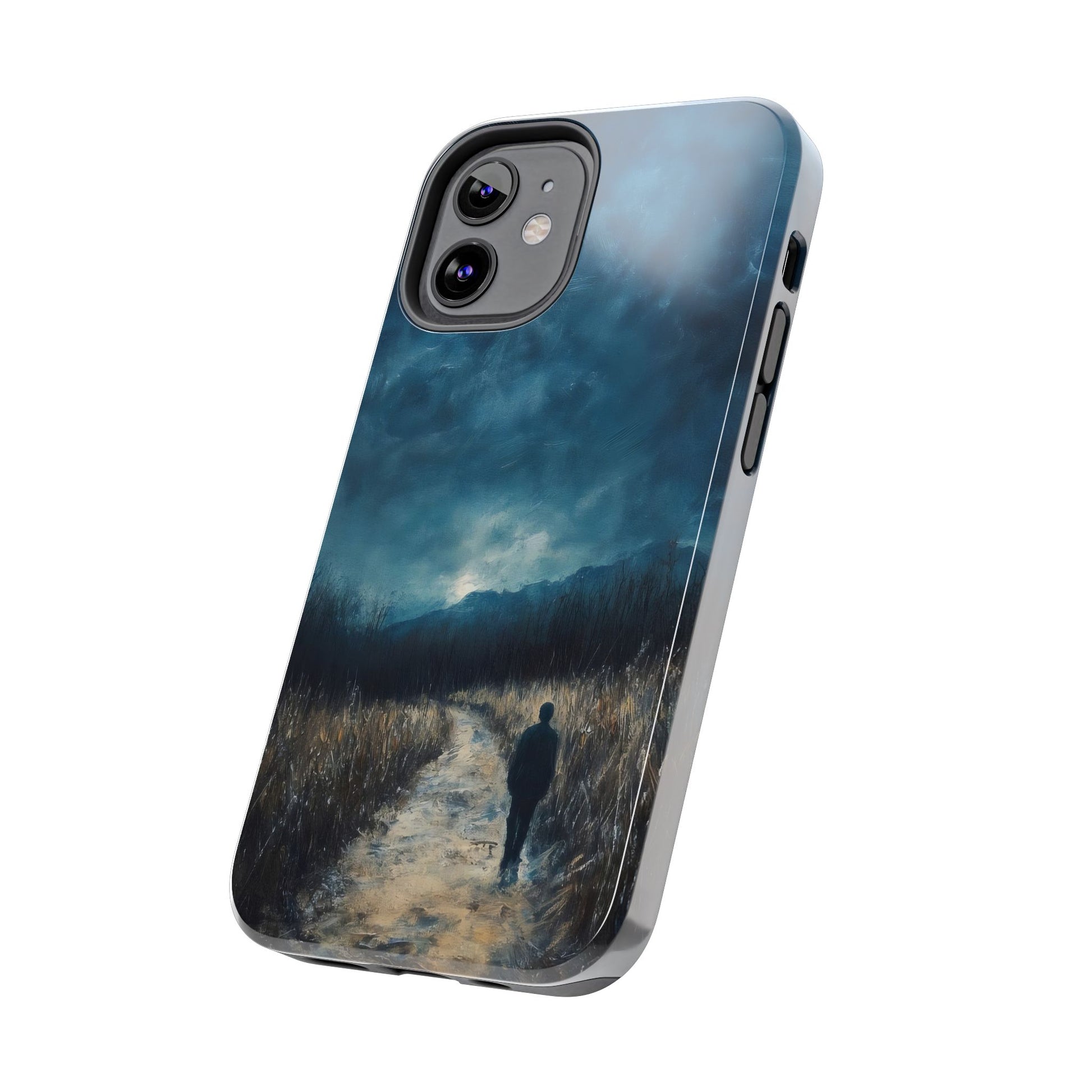 Phone case with Christian wall art design featuring a lone figure on a serene path under a moody sky