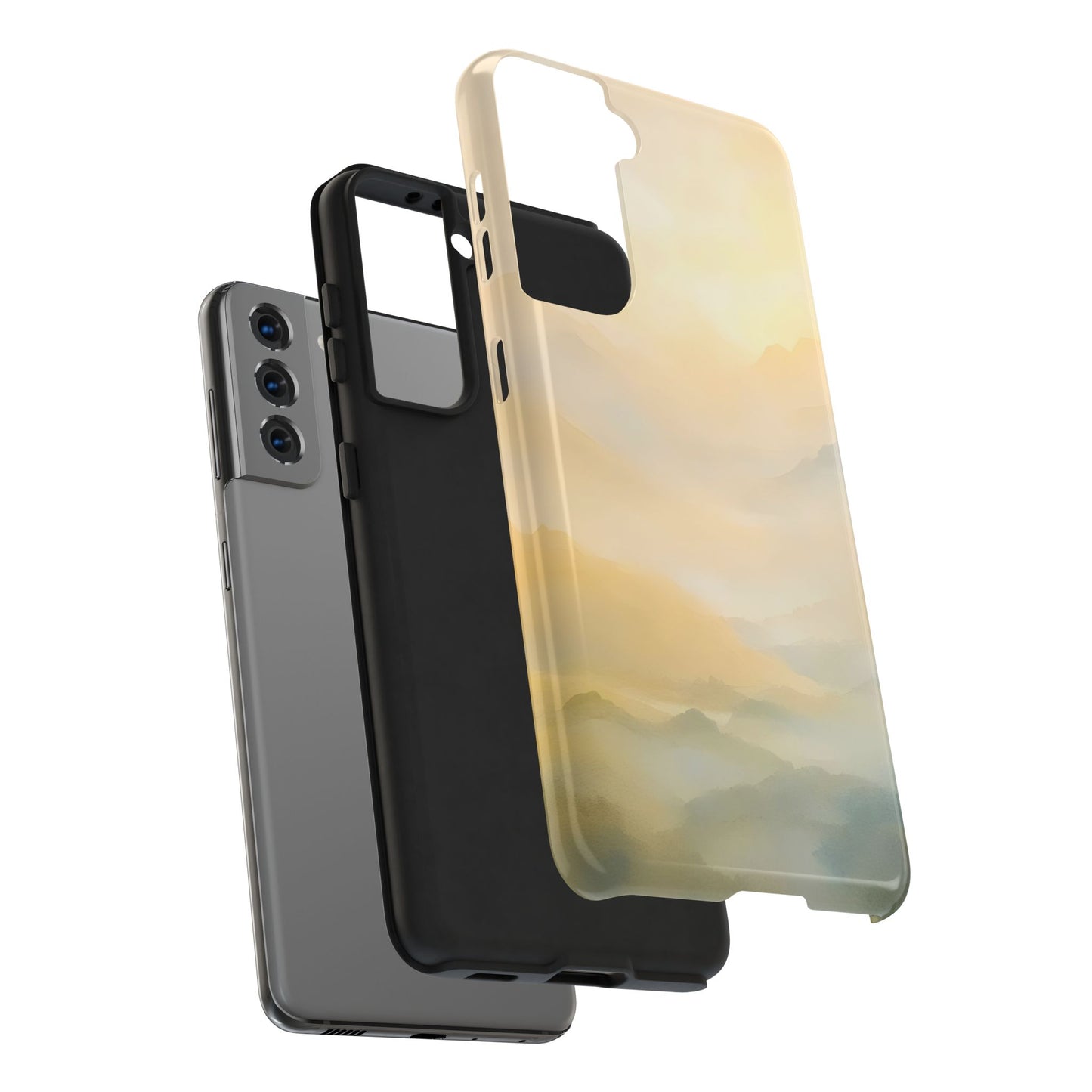 Three-piece phone case with soft yellow mountain landscape design, shown separated from phone.