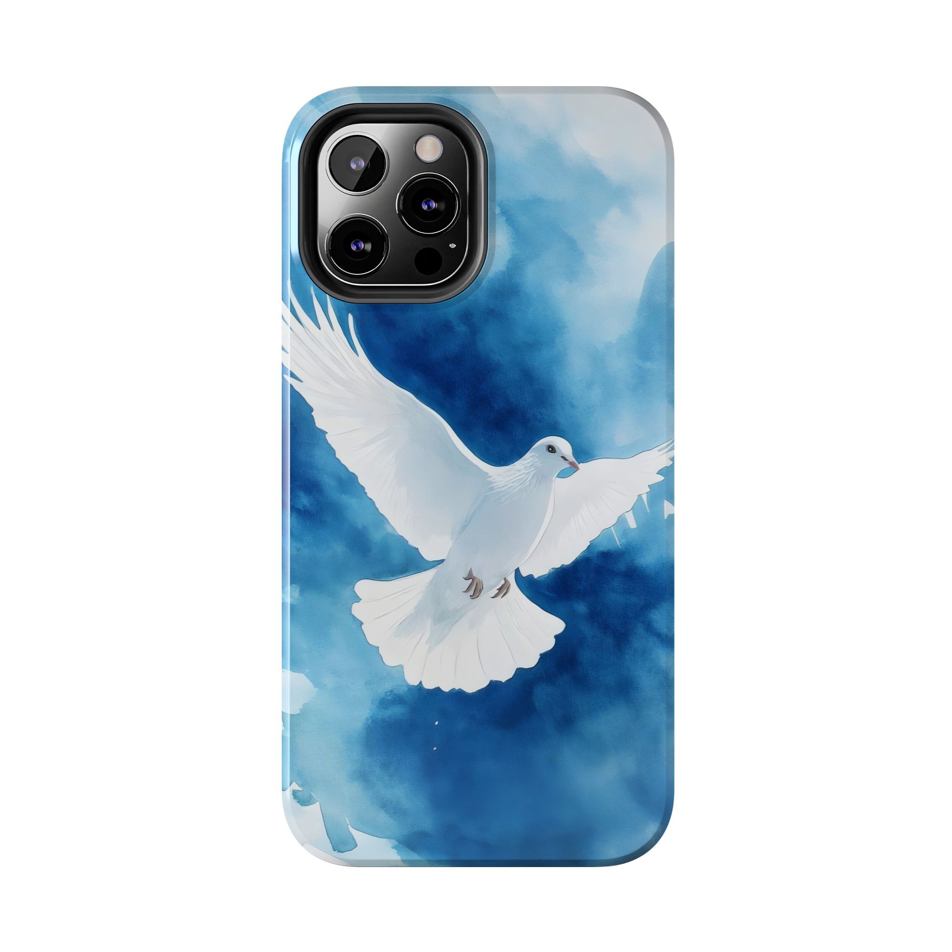 White dove illustration on blue watercolor background iPhone case, Christian phone accessory