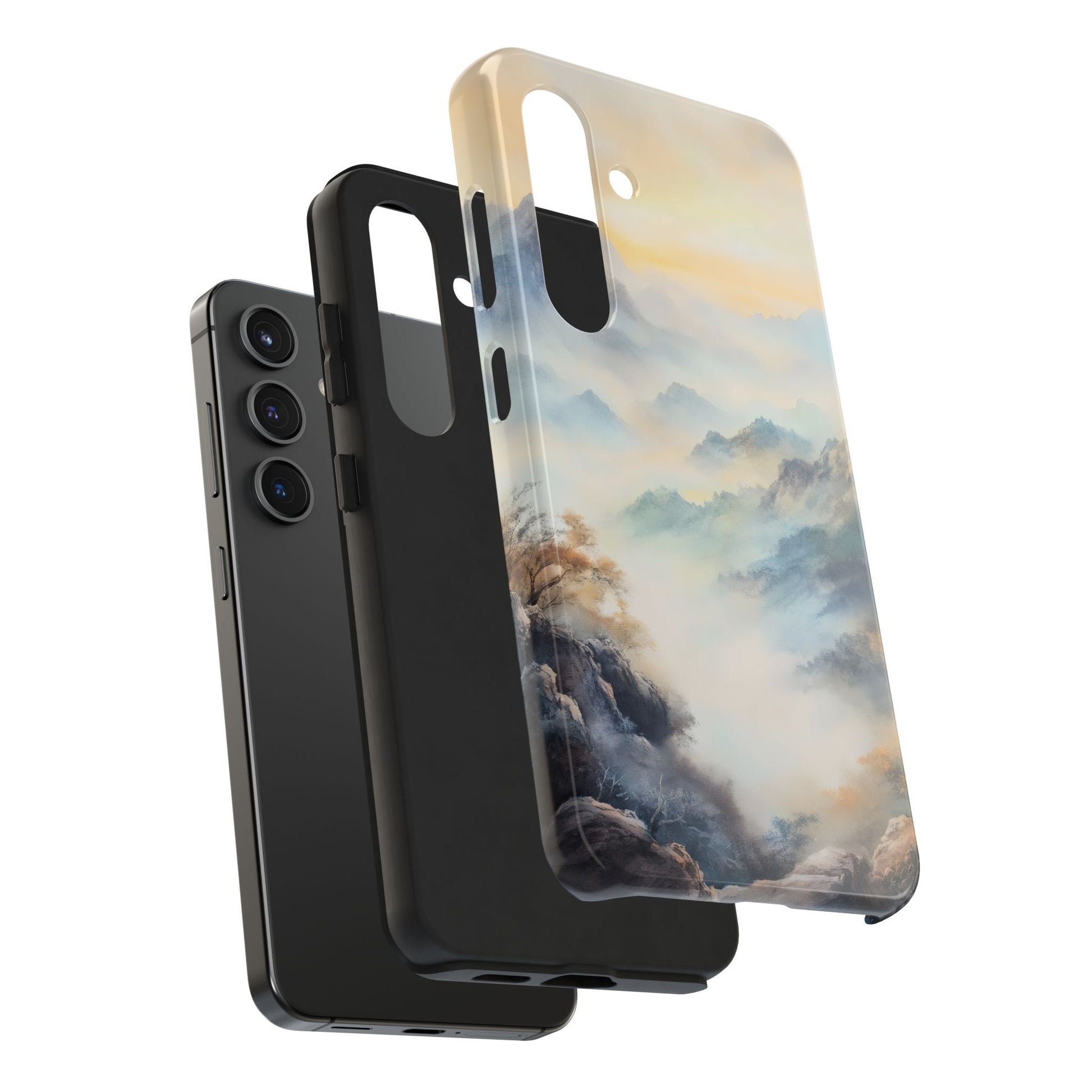 Samsung phone and cases, one with serene misty mountain landscape art design
