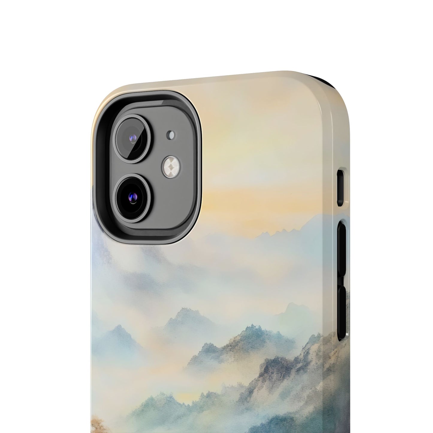 Phone case with serene pastel mountain landscape and misty sunrise design