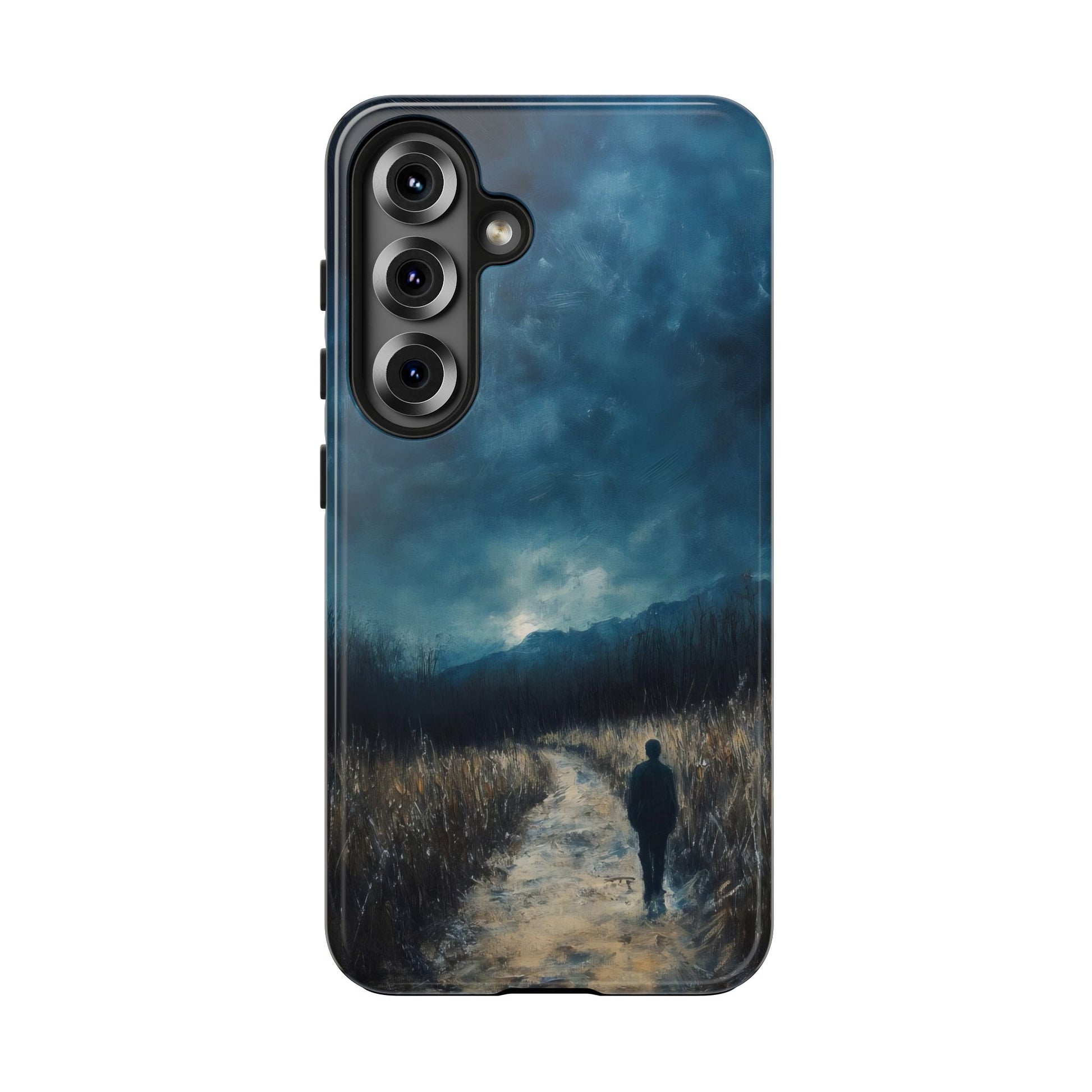 Phone case with serene landscape art, lone figure walking at dusk, spiritual nature scene
