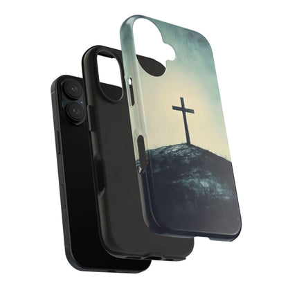 Christian phone case with cross on hill, faith-inspired minimalist smartphone accessory