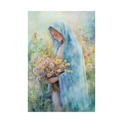 Watercolor wall art of serene woman in blue robe holding flowers in a peaceful meadow