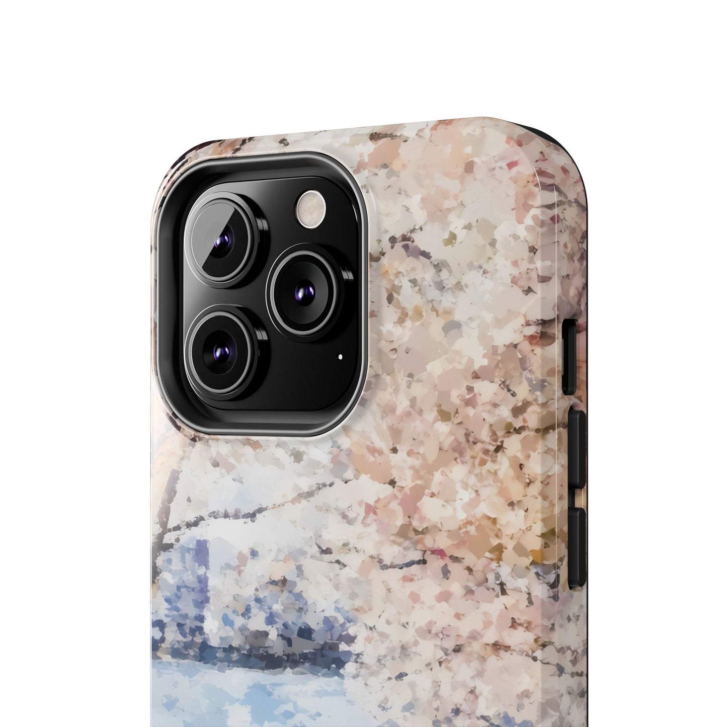 iPhone case with abstract pastel floral painting, soft pink and blue, protective cover