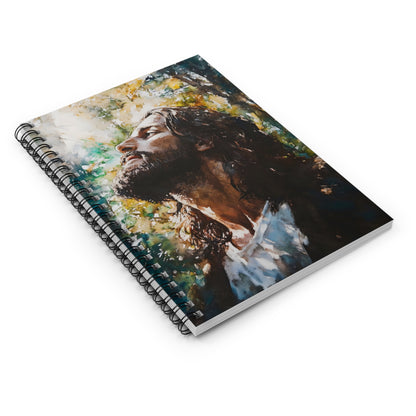 Christian spiral notebook with artistic portrait of Jesus and nature background