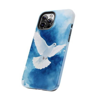 Christian phone case with white dove illustration on blue sky background