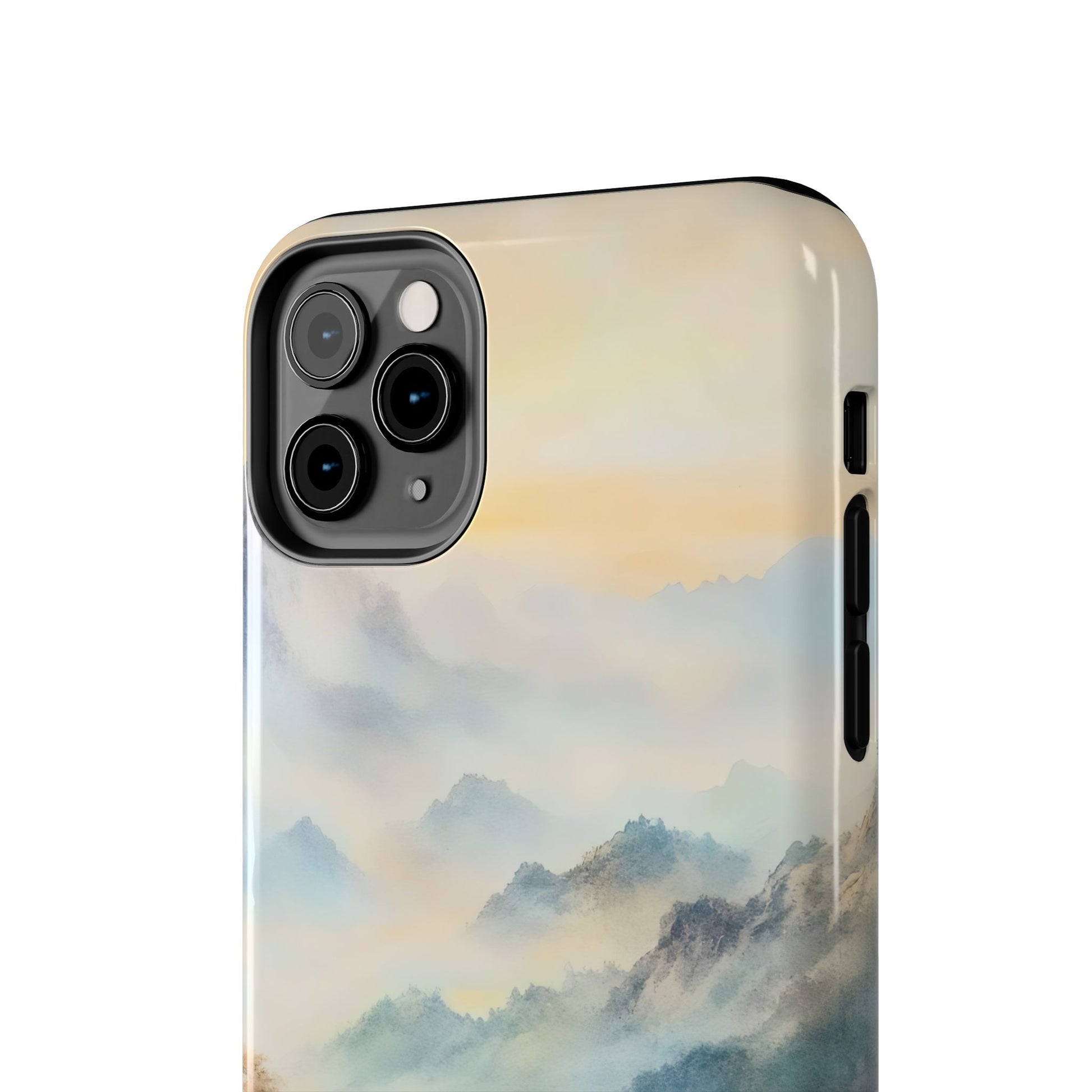 Phone case with serene watercolor mountain landscape in soft pastel colors