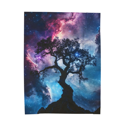 Silhouette of a tree against a vibrant galaxy sky tapestry, spiritual wall art decor