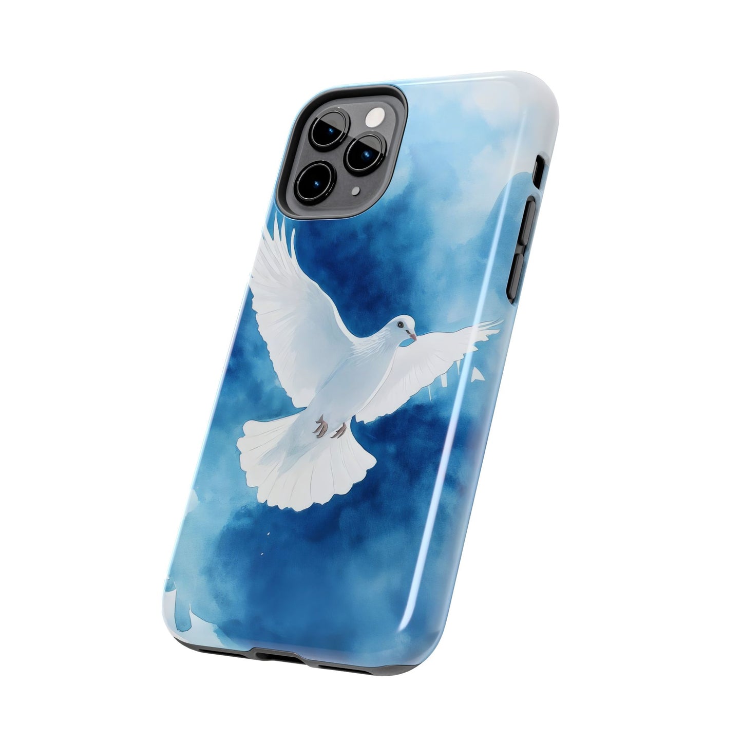 Christian phone case with white dove illustration on blue watercolor background