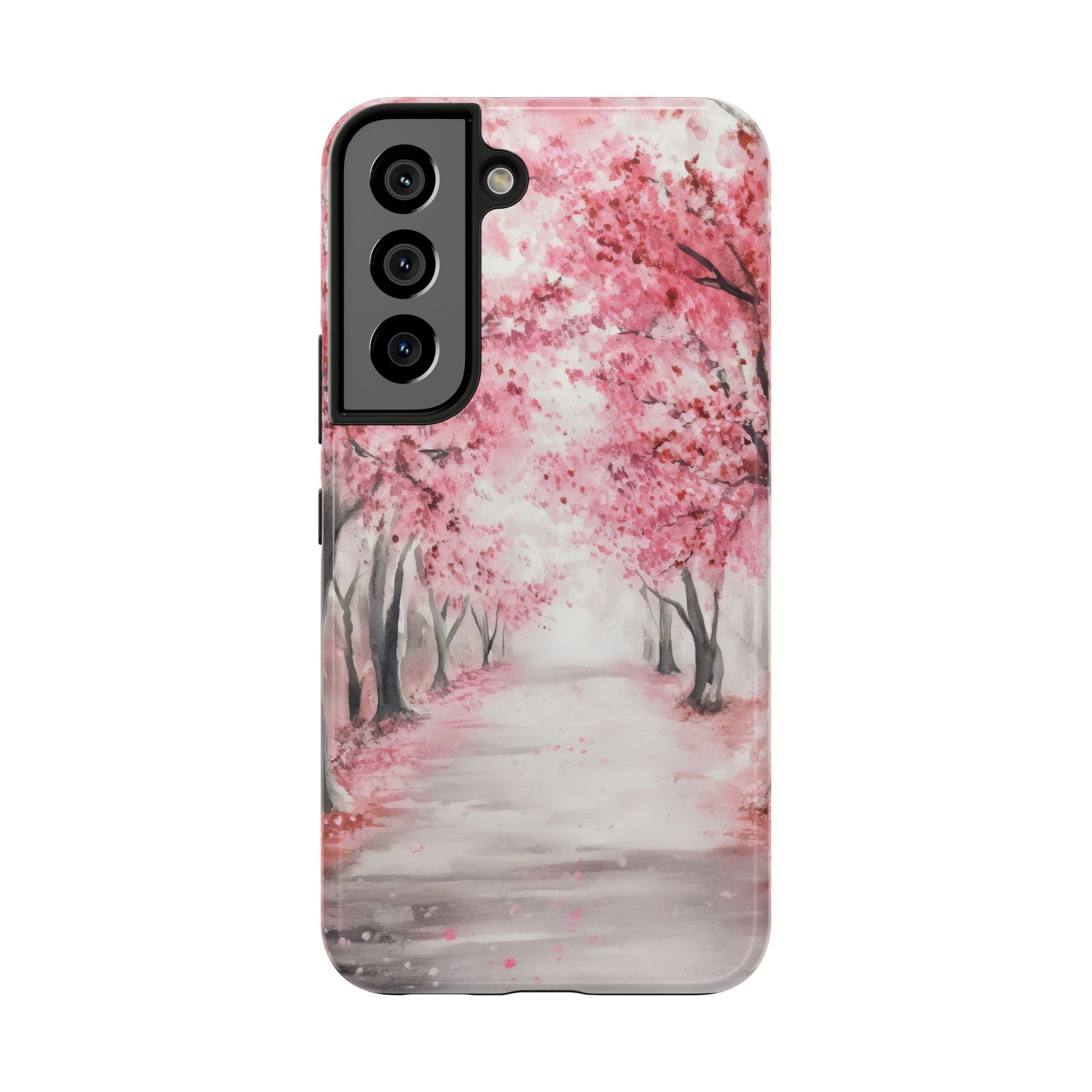 Phone case with serene pink cherry blossom path and watercolor trees, faith-inspired design