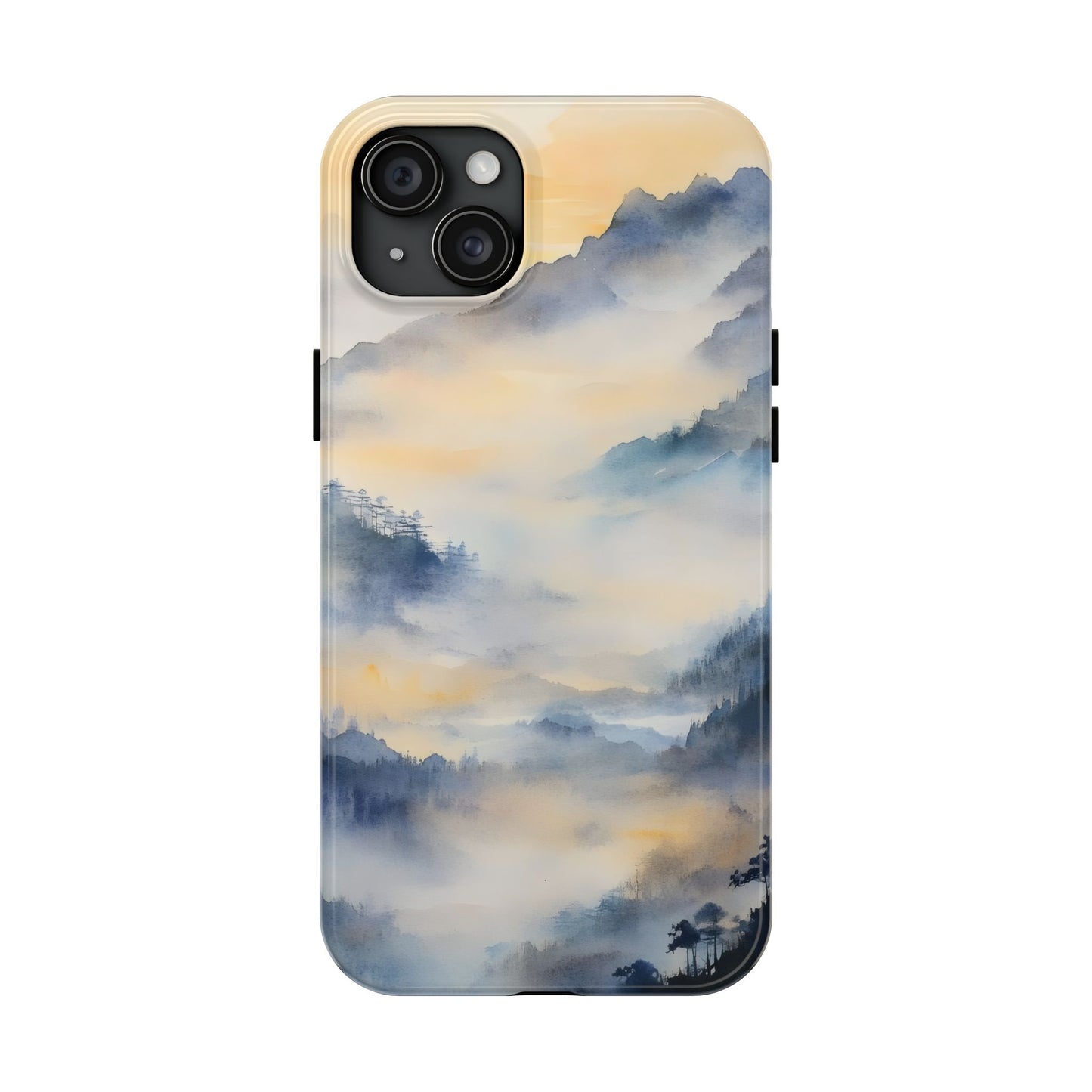 Phone case with serene watercolor mountain landscape and mist, spiritual and peaceful design