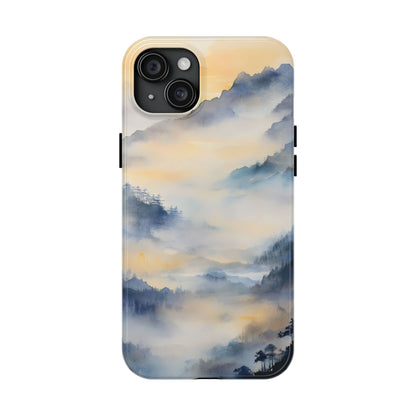 Phone case with serene watercolor mountain landscape and mist, spiritual and peaceful design