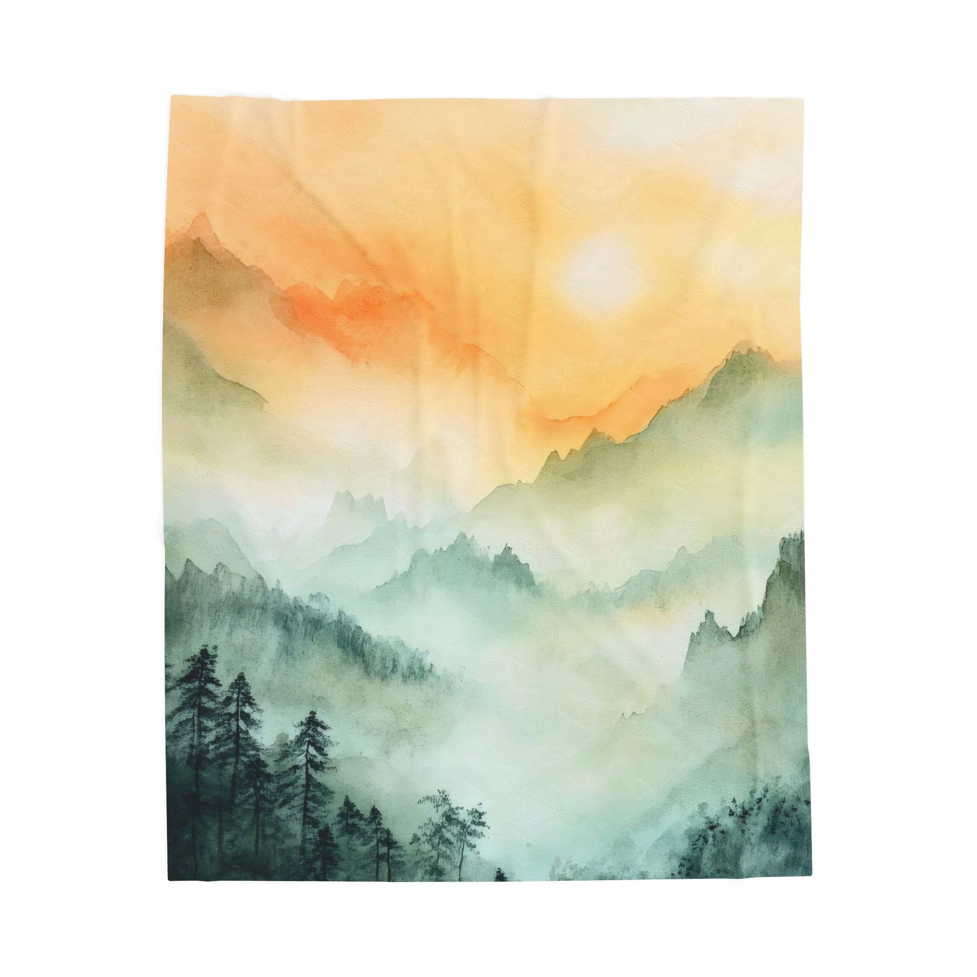 Watercolor wall art with misty mountains, pine trees, and a glowing sunrise for home decor