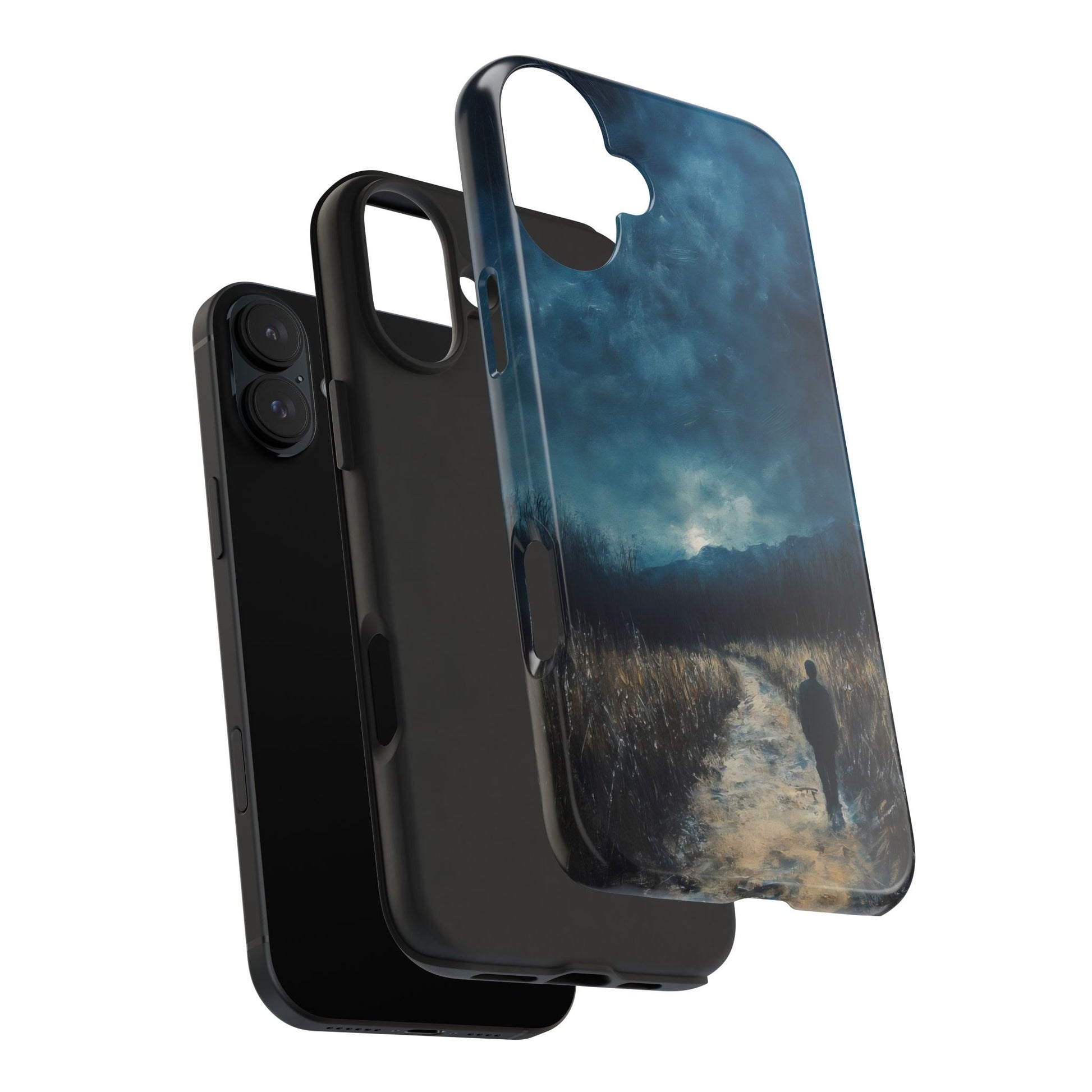 Spiritual phone case with silhouette walking on a misty path under moody sky artwork