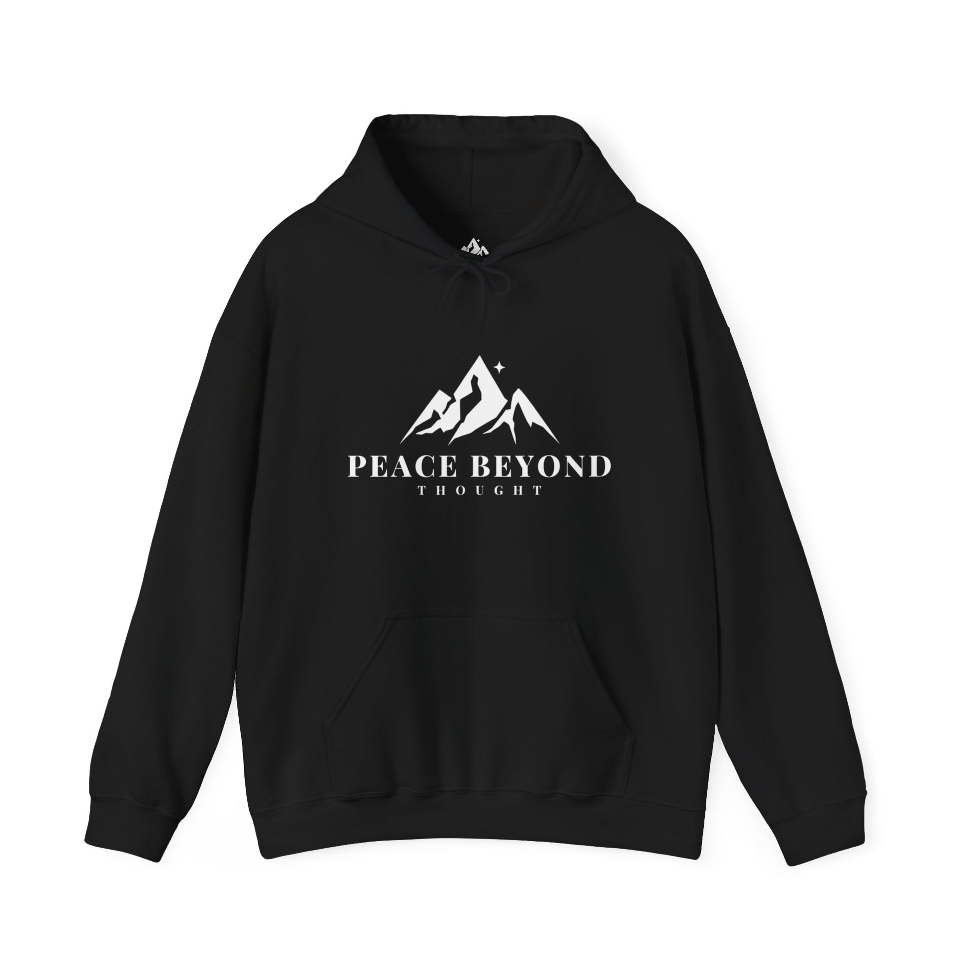 Black Christian hoodie with mountain graphic and 'Peace Beyond Thought' text on front