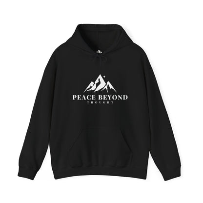 Black Christian hoodie with mountain graphic and 'Peace Beyond Thought' text on front