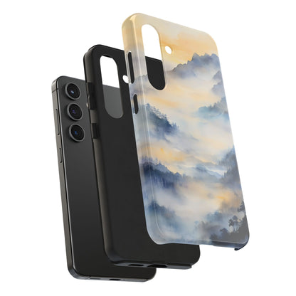 Phone case with serene mountain landscape art in soft blue and gold, compatible with modern smartphones