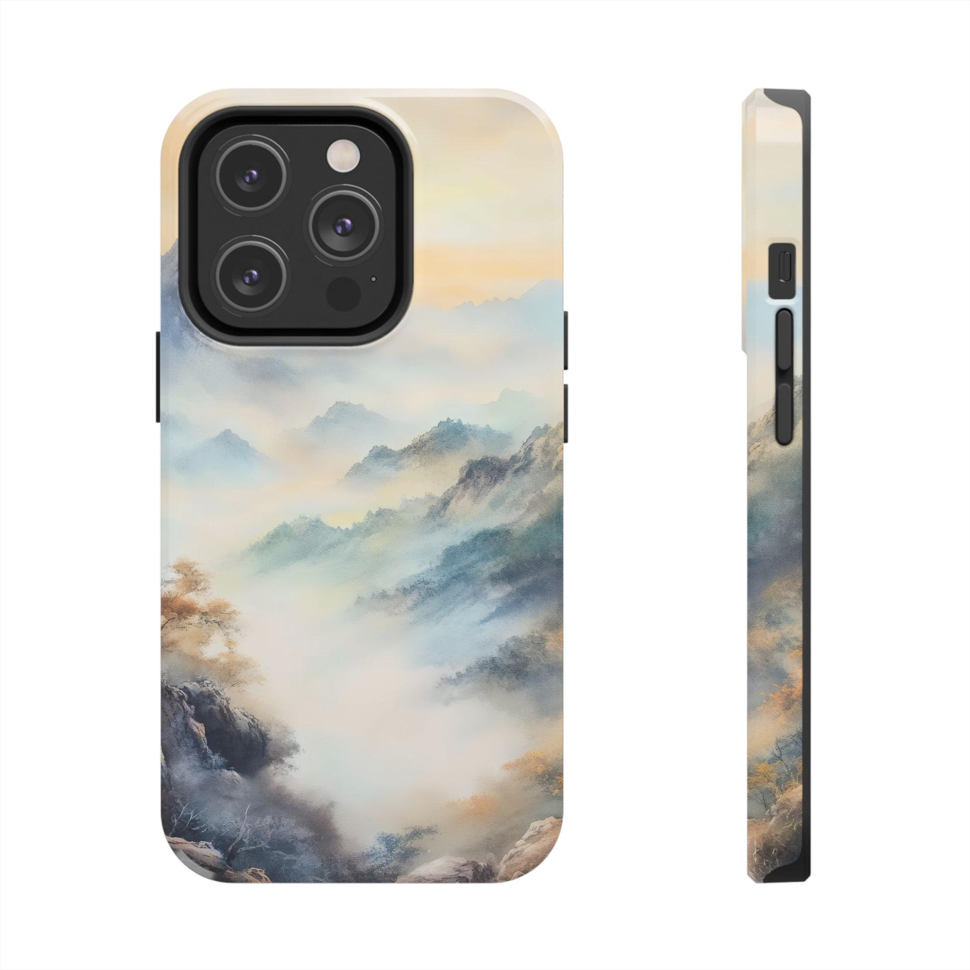 Phone case with serene mountain landscape in soft pastel colors, misty nature art design