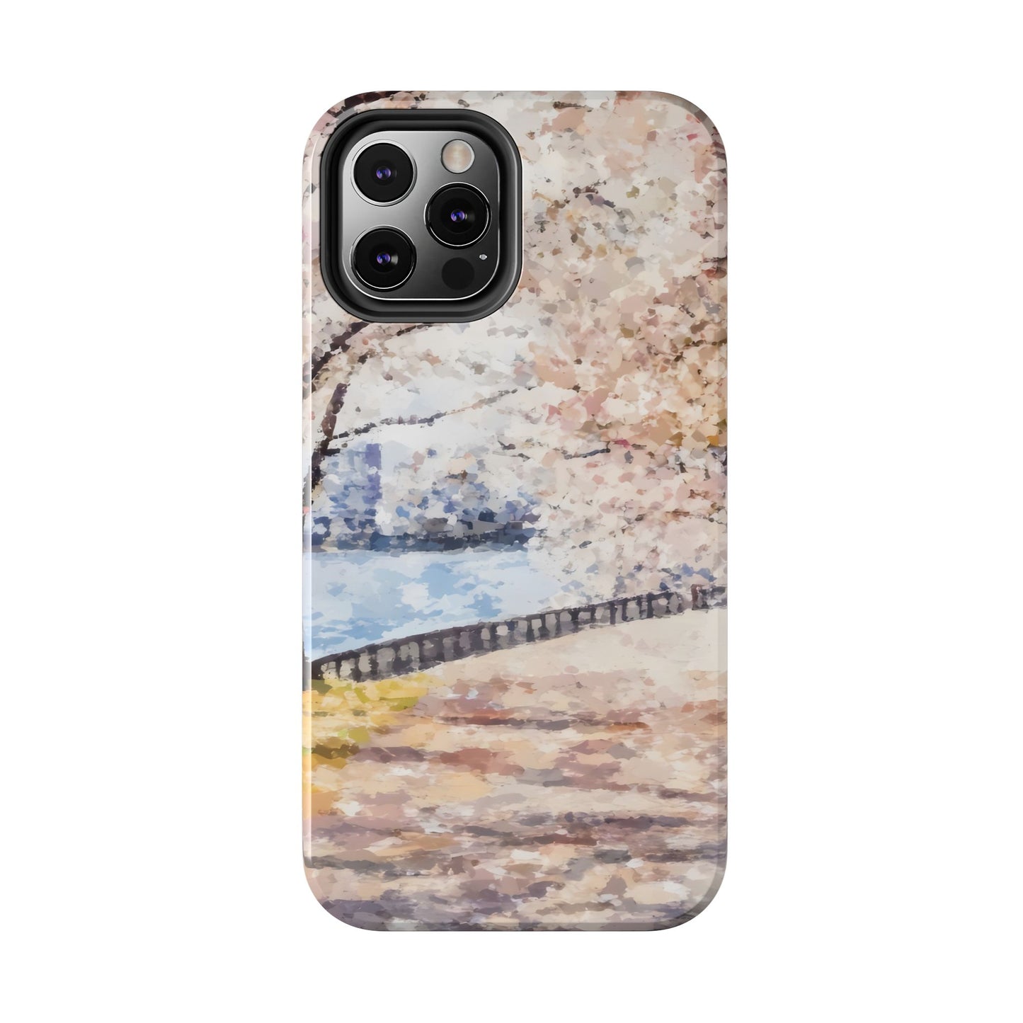 Phone case with serene watercolor-style landscape of blossoming trees by a riverside path
