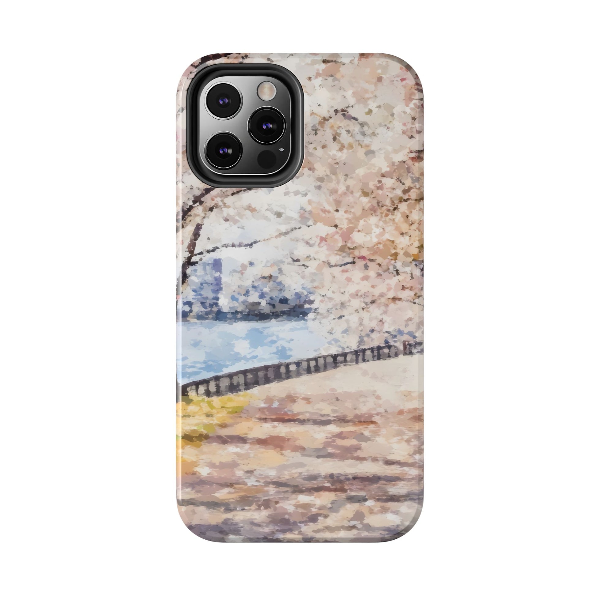 Phone case with serene watercolor-style landscape of blossoming trees by a riverside path