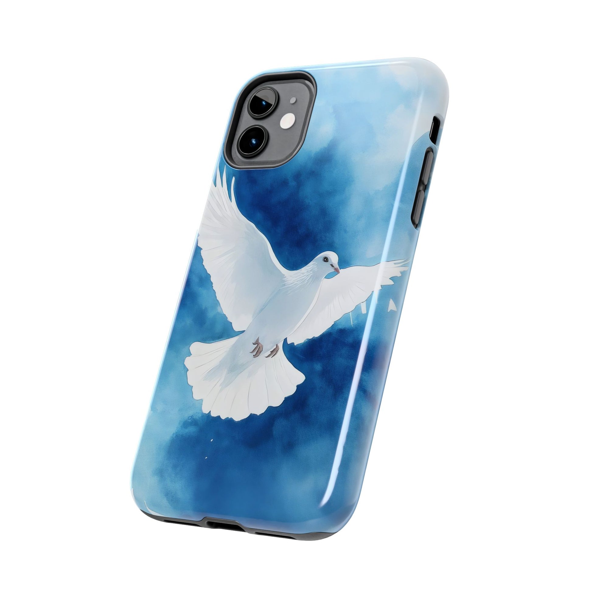 Christian phone case with white dove illustration on blue watercolor background