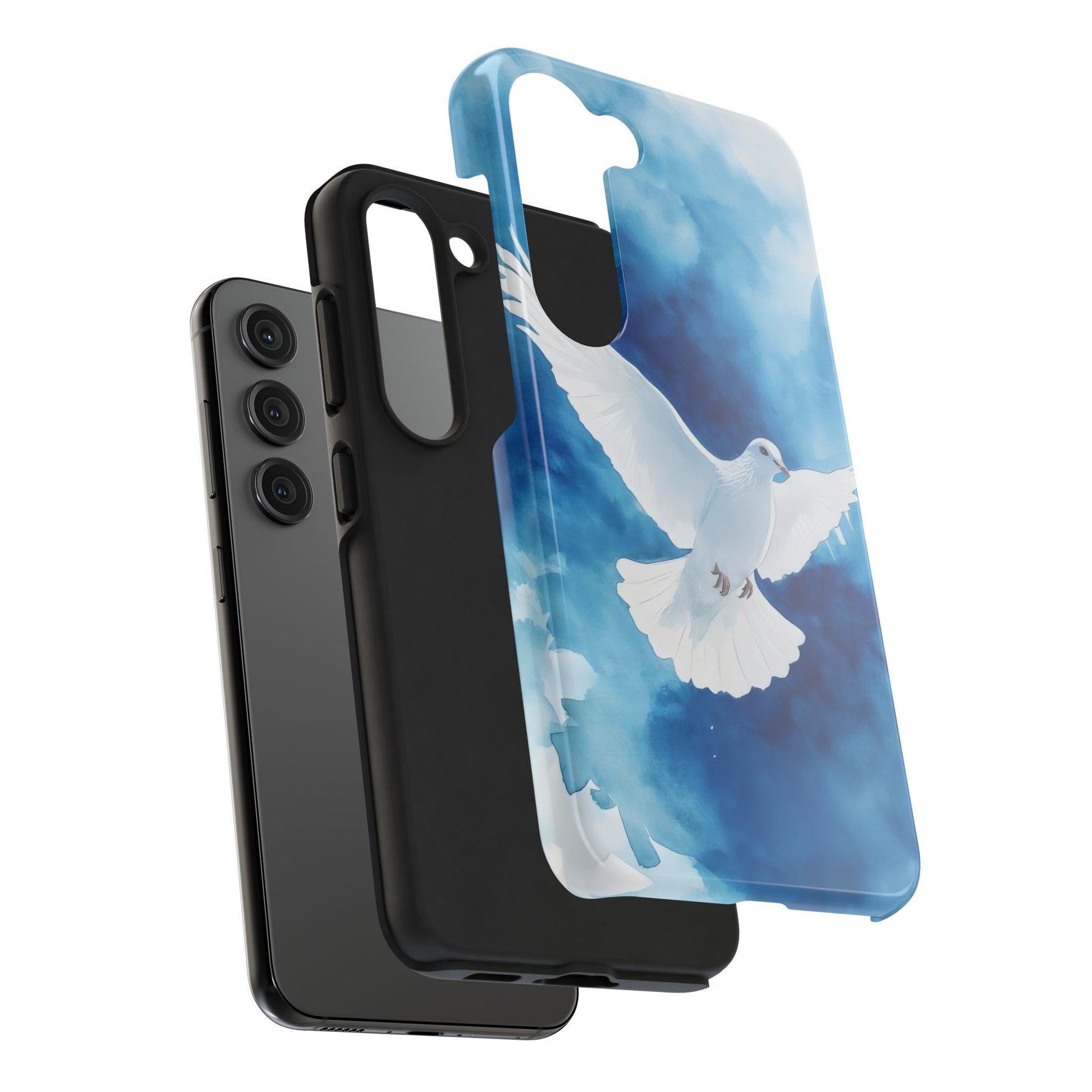 Christian phone case with white dove and blue sky design, faith-inspired accessory
