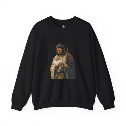 Black sweatshirt with Christian art featuring Jesus holding a lamb, faith-inspired apparel