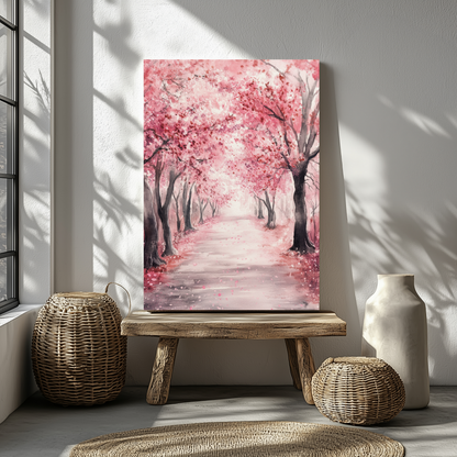 Cherry blossom path canvas wall art in serene minimalist home decor setting.