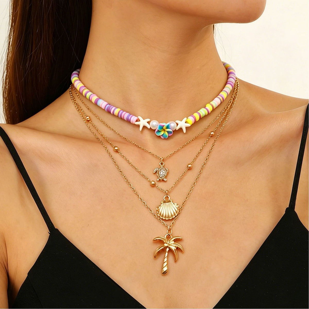 Layered Shell Pearl Starfish Pendant Bohemian Necklace – product view 13