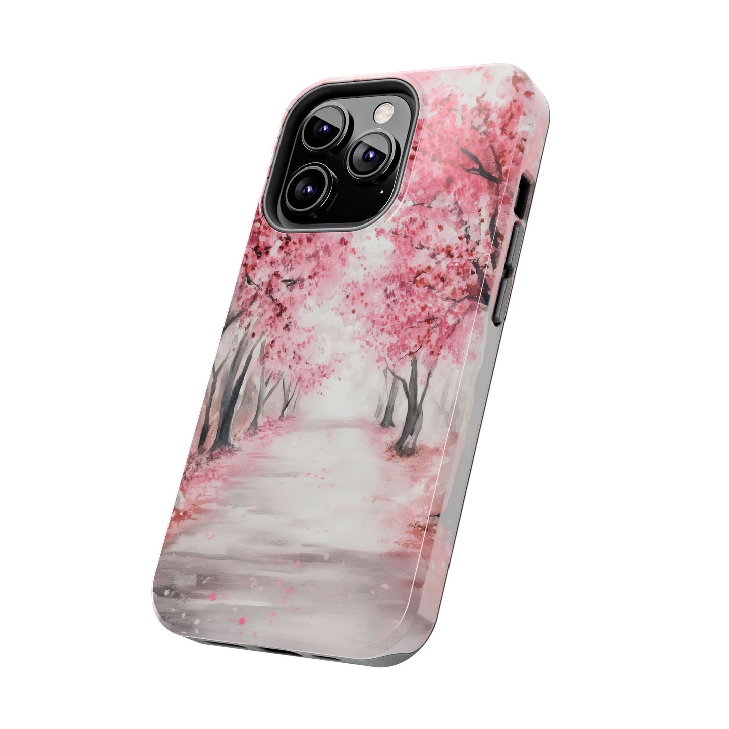 iPhone case featuring a serene cherry blossom tree path in pink watercolor style