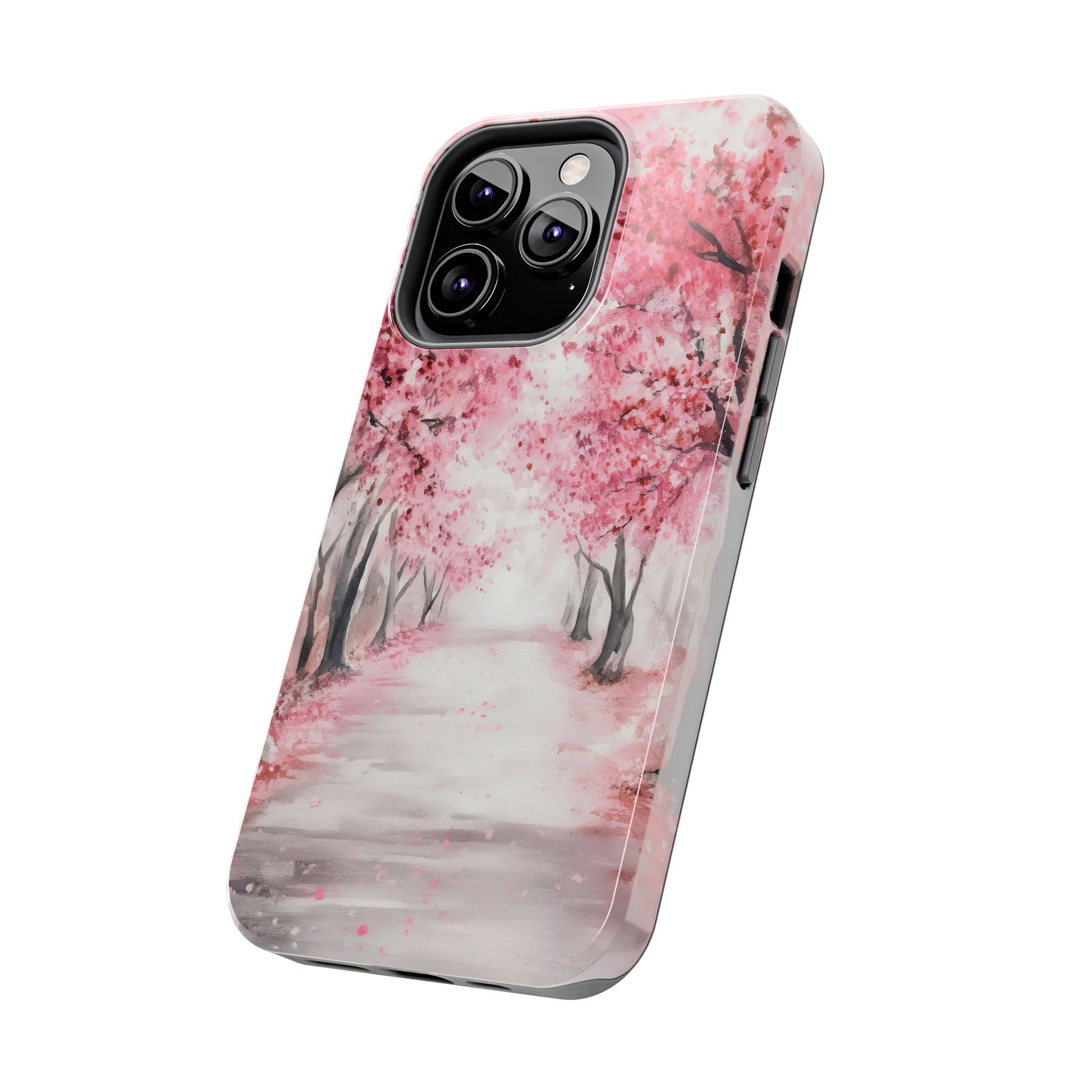 iPhone case featuring a serene cherry blossom tree path in pink watercolor style