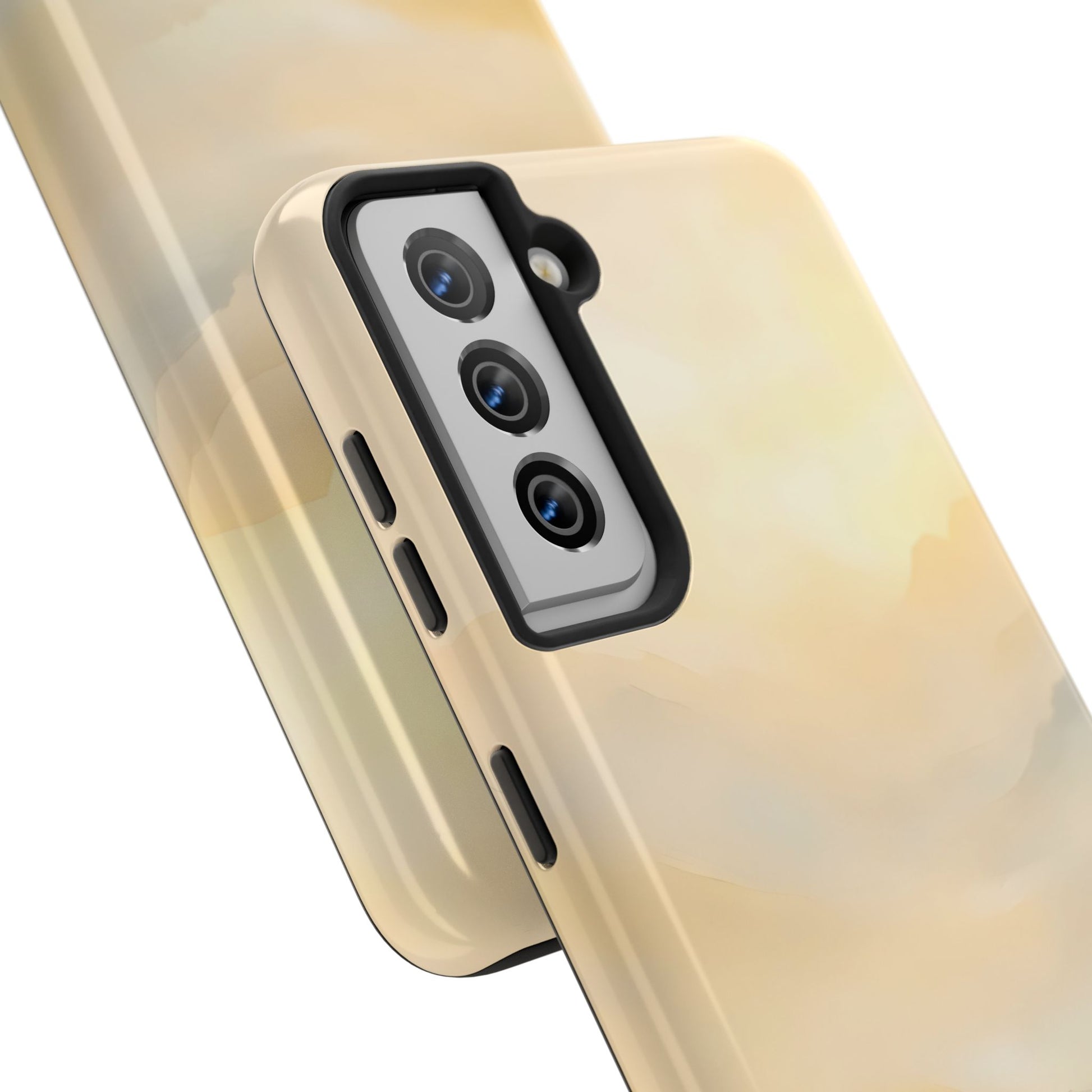 Minimalist beige abstract phone case with soft watercolor design, close up view