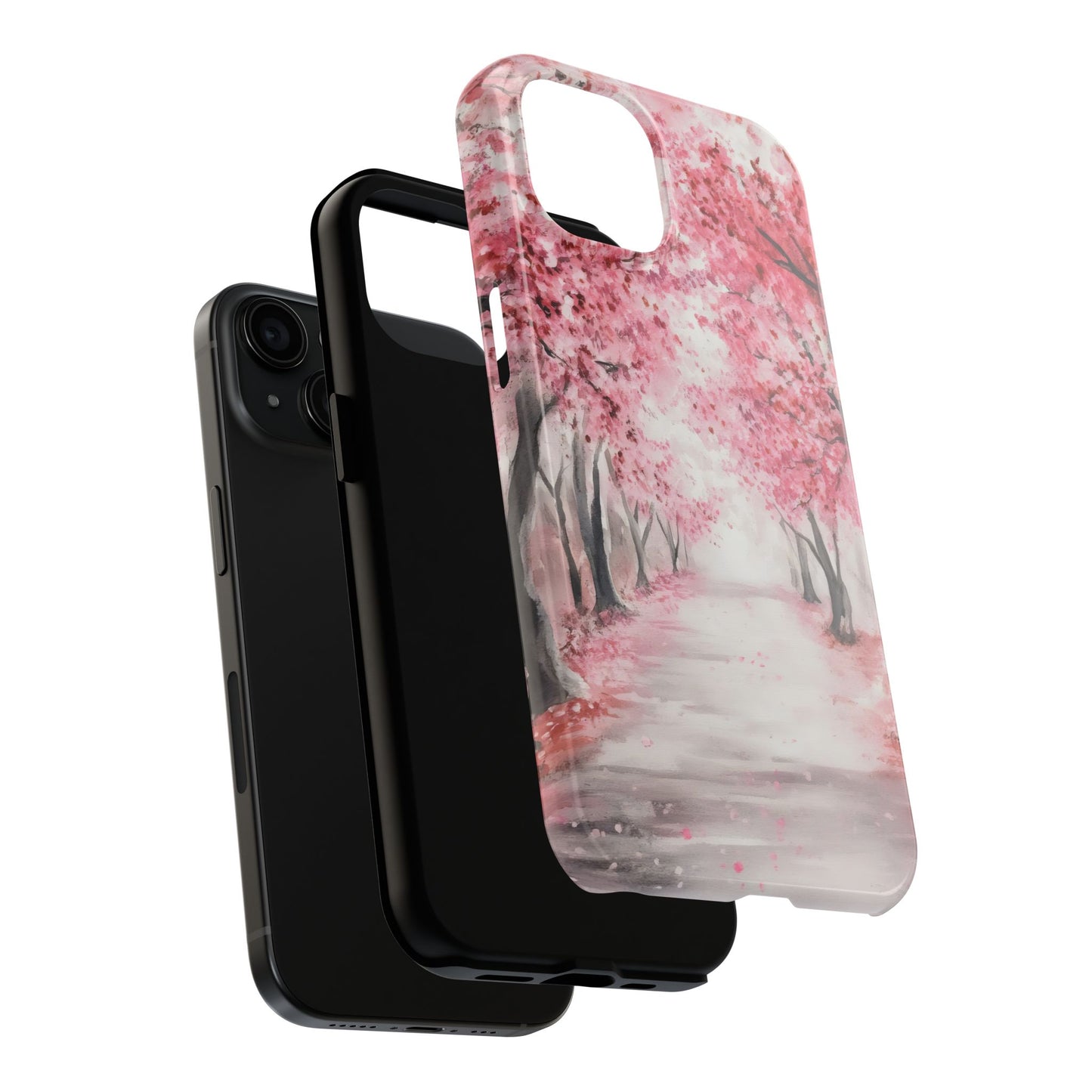Phone case with pink cherry blossom tree path design for Christian and spiritual decor