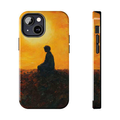 Phone case with silhouette of meditating person at sunset, spiritual and mindful design