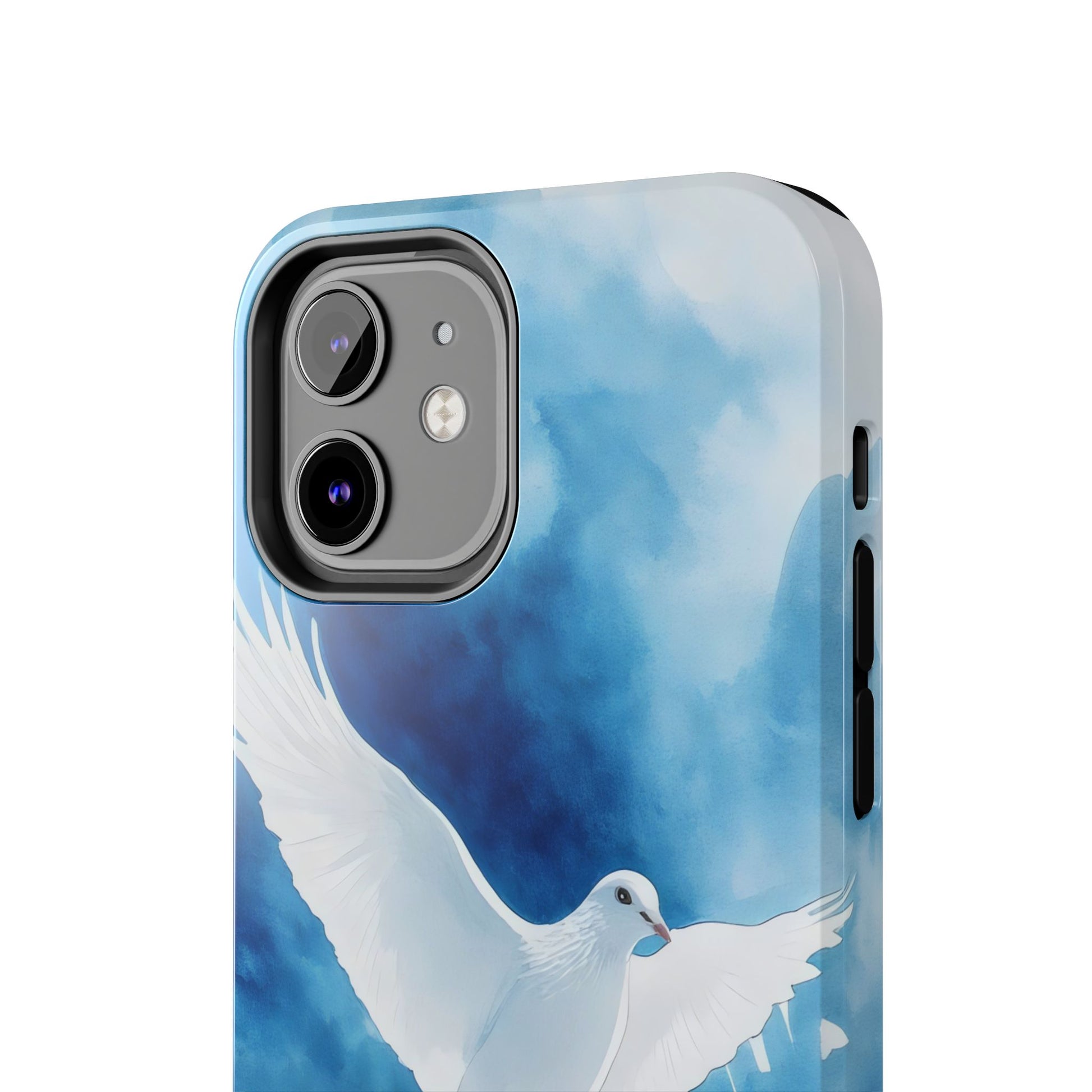 Christian phone case with white dove and blue watercolor background