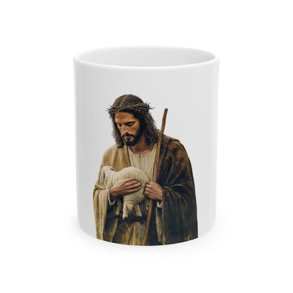 White mug featuring Jesus holding a lamb and shepherd's staff, Christian wall art design