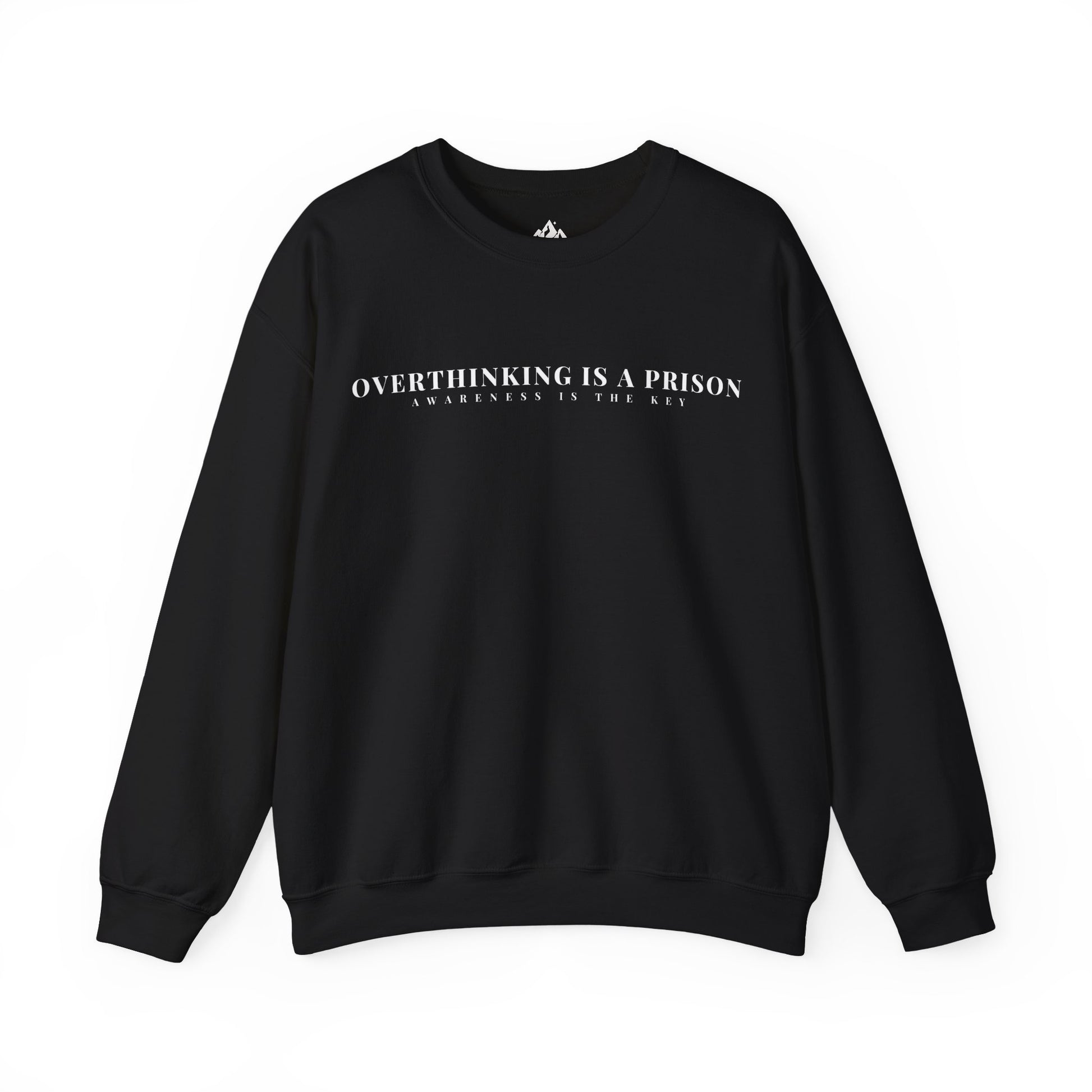 Black sweatshirt with 'Overthinking is a prison, awareness is the key' mindful motivational text