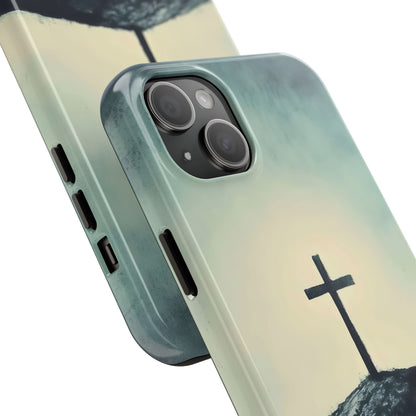 Christian phone case with cross on hill design, spiritual faith-inspired accessory
