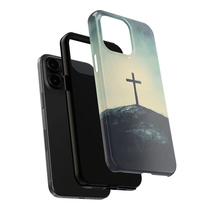 Christian phone case with cross on hill design, faith-inspired spiritual accessory
