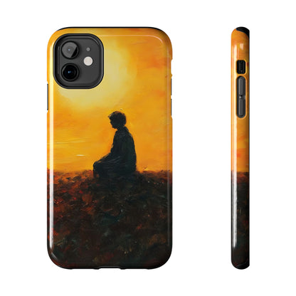 Phone case with silhouette of person meditating at sunset, faith-inspired spiritual art